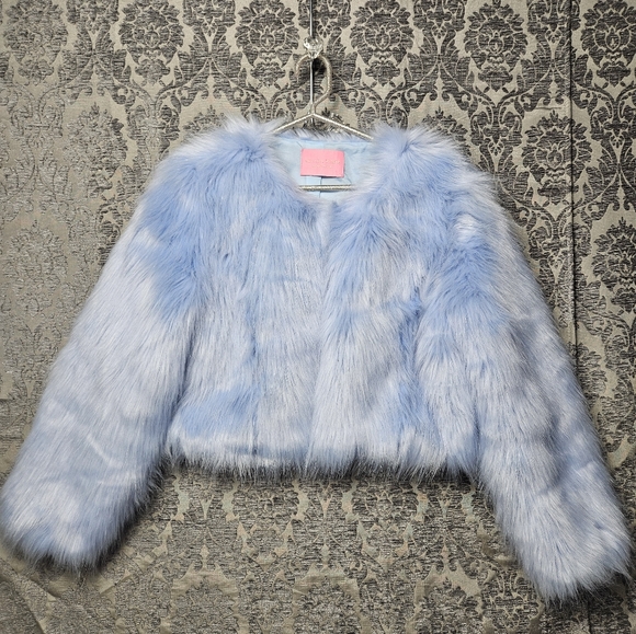 AZALEA WANG Blue Vegan Faux Fur Crop Jacket Coat Size L BRIDAL BACHELORETTE - Picture 2 of 8